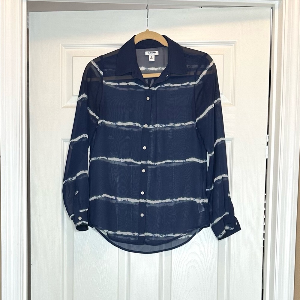 Old Navy Blue and White Sheer Long Sleeve Top